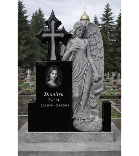 GRA-1854 MONUMENT FUNERAR GRANIT NEGRU CU SCULPTURA INGER