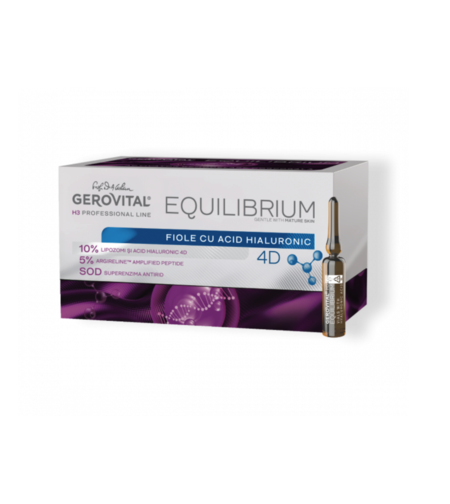Gerovital H3 Equilibrium - Fiole cu 10% Acid Hialuronic 4D și 5% Argireline Amplified Peptide, Hidratare Intensă și Efect Antirid 20 fiole x 2 ml