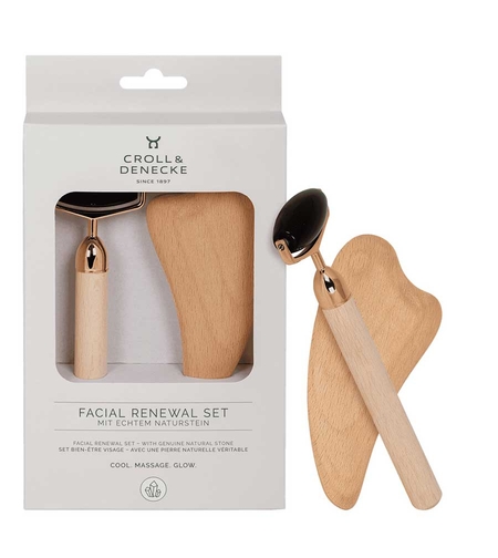 CROLL & DENECKE FACIAL RENEWAL SET – Roller Facial din Obsidian Natural și Gua Sha din Lemn de Fag