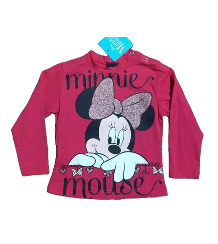 Bluză cu Mânecă Lungă pentru Fetițe - Model Minnie Mouse cu Fundă Strălucitoare, Roz Zmeură