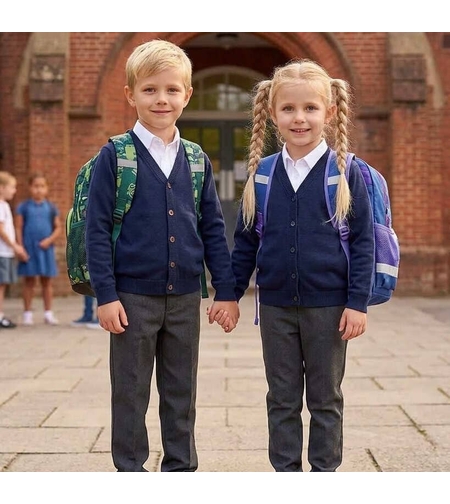 Cardigan tricotat bleumarin băieți Zippy „Brothers & Sisters” cu nasturi și petice la coate, mărimi 3-14 ani - Nou cu etichetă