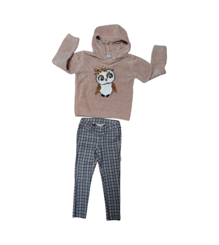Compleu Fetiță cu Hanorac Pufos Bufniță Dopodopo și Pantaloni în Carouri Happy Girls — Mărime 110 (4-5 ani) — Second Hand Stare Excelentă