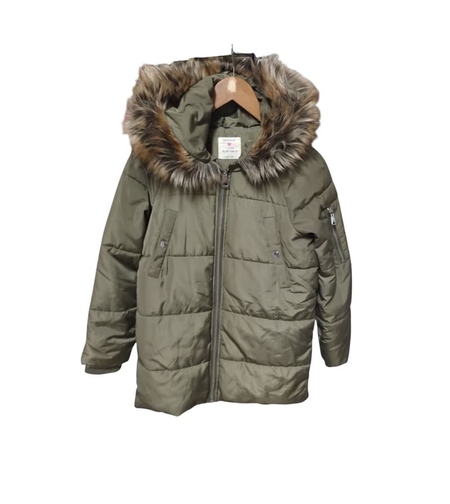 Geacă Groasă de Iarnă Puffer Primark cu Glugă și Blăniță, Verde Oliv – Mărimea 152 (11-12 Ani) | Second Hand Premium