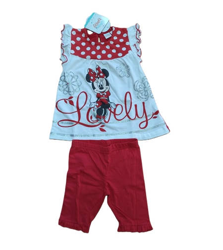 Compleu de Vară pentru Fetițe, 2 Piese - Model Minnie Mouse „Lovely”, Alb/Roșu