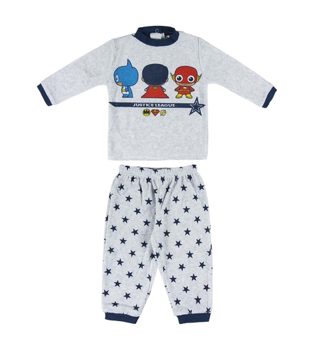 Pijama din Velur pentru Copii, 2 Piese - Model Justice League „Super-Eroi”, Gri Melanj