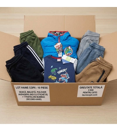 Mega-Lot Băieți 10 ani (3 kg) - Geacă Reversibilă 2 fețe Marvel Avengers, Bluze NOI cu etichetă + 7 Perechi Pantaloni Trening (John Richmond, H&M)