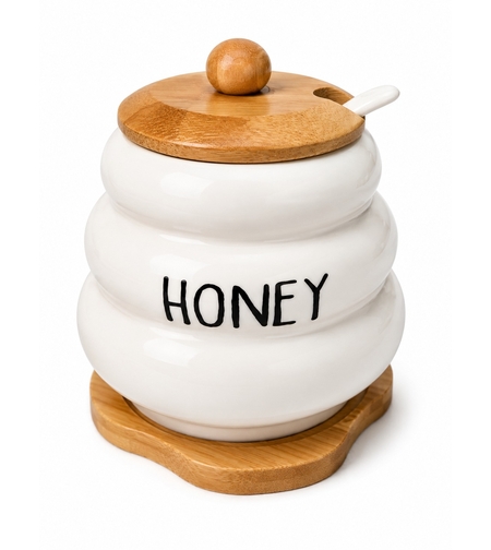 Recipient miere cu capac, lingurita si suport din bambus „Honey” 10 x 12x 10