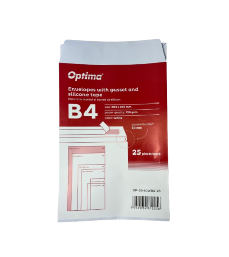 Plic B4 (353x250mm), cu burduf 40mm, lipire siliconica, 25 buc/set, Optima - alb