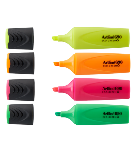 Textmarker ARTLINE 690 Eco Green, varf tesit 1.0-4.0mm, 4 culori/set