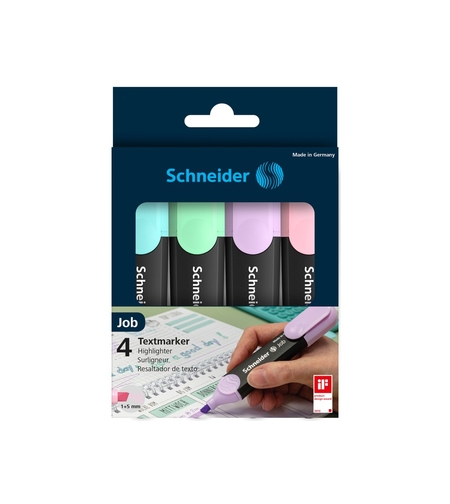 Textmarker SCHNEIDER Job Pastel, varf lat, 4 culori/set -(turcoaz, menta, lavanda, roze)