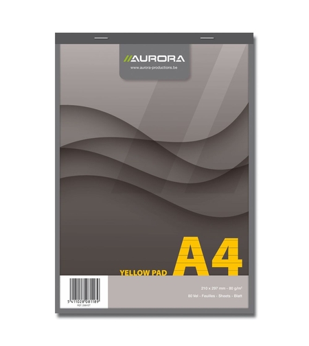 Blocnotes capsat, A4, 80 file - 80gsm, 4 perforatii, AURORA Office - dictando - hartie galbena
