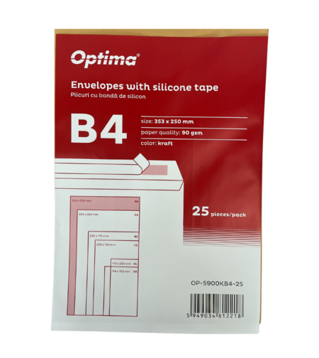 Plic B4 (353x250mm), lipire siliconica, 25 buc/set, Optima - kraft