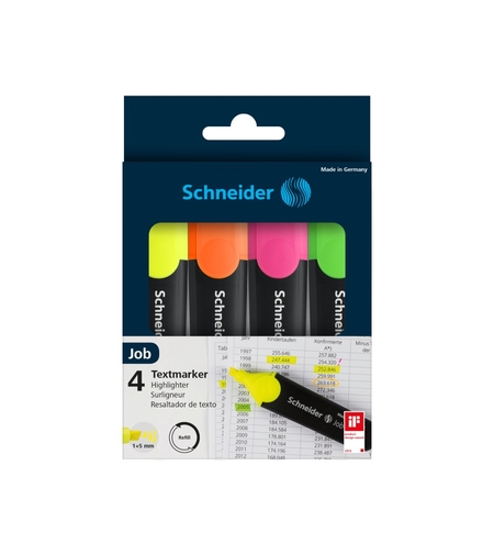 Textmarker SCHNEIDER Job, varf lat, 4 culori/set - (G, O, V, R)
