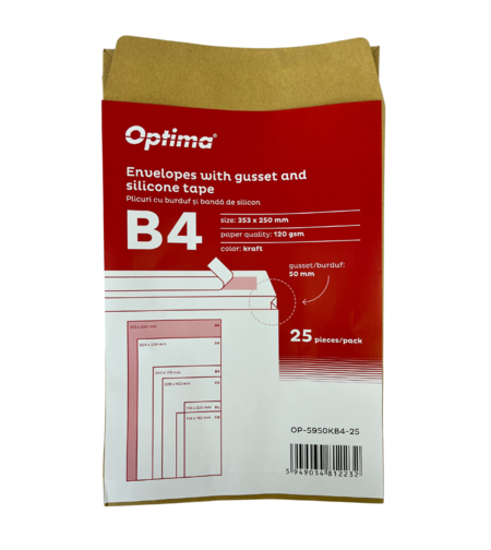 Plic B4 (353x250mm), cu burduf 50mm, lipire siliconica, 25 buc/set, Optima - kraft