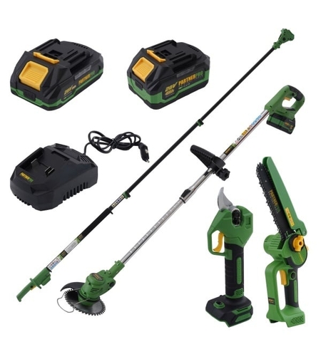 PP-FFTP 7 IN 1 Set Foarfeca de gradina, Fierastrau cu lant,Trimmer, Tija telescopica pe acumualtor