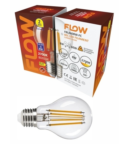 Bec LED Filament A60 8W, E27, 2700K, lumina calda FLOW FBLA608W-FC (set de 10 bucati- 60lei setul)