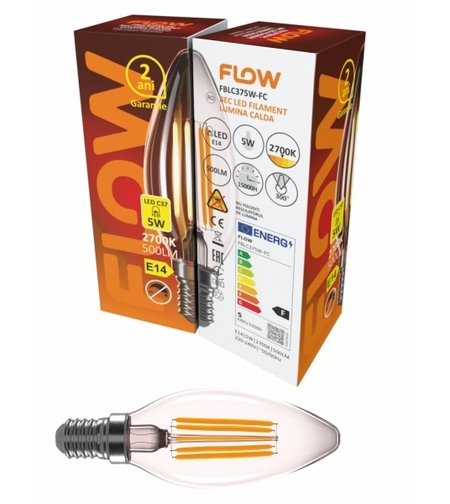 Bec LED Filament C37 5W, E27, 2700K, lumina calda FLOW FBLC375W-FC (set de 10 bucati- 50 lei setul)