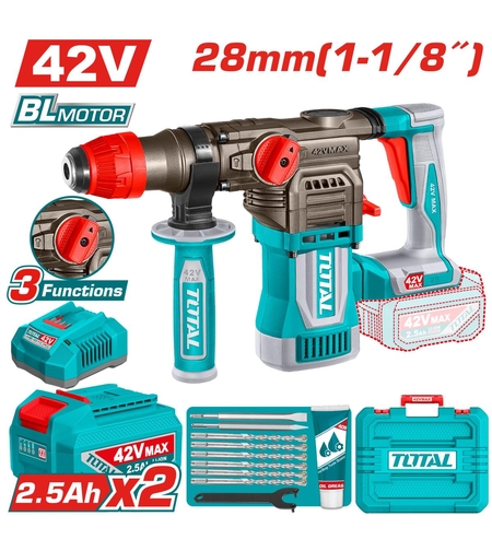 TOTAL - CIOCAN ROTOPERCUTOR - 28MM - 42V (INCLUDE 2 ACUMULATORI, 1 INCARCATOR)
