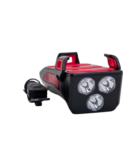 FAR LED PENTRU BICICLETA CU SUPORT PENTRU TELEFON SI CLAXON (REINCARCABIL USB)
