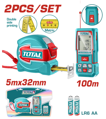 TOTAL - KIT COMBO APARAT LASER MASURAT DISTANTA 0.05-100M , RULETA 5Mx32MM