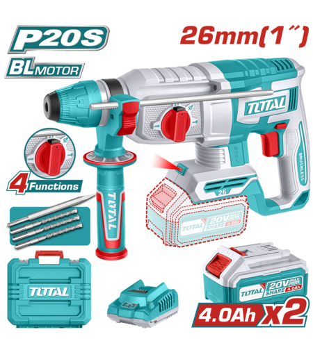 TOTAL - CIOCAN ROTOPERCUTOR - 2,5J - 20V - LI-ION (INCLUDE 2 ACUMULATORI SI INCARCATOR)