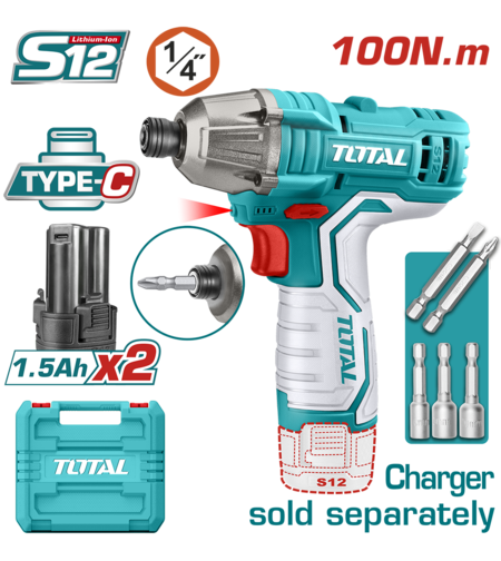 TOTAL - MASINA DE INSURUBAT CU IMPACT SI ACUMULATOR 12V-1.5AH LI-ION (2 ACUMULATORI) - HEX 1/4