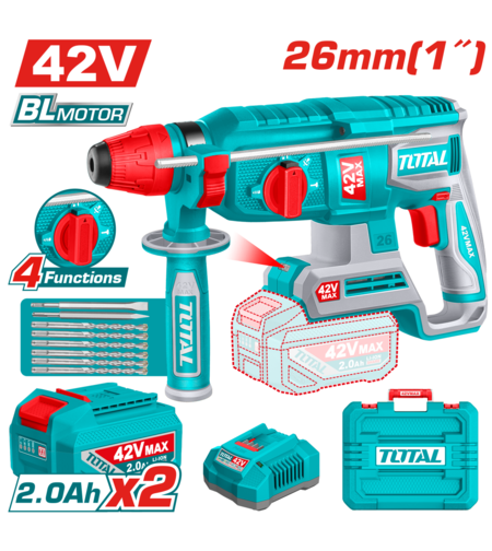 TOTAL - CIOCAN ROTOPERCUTOR - 26MM - 42V (INCLUDE 2 ACUMULATORI, 1 INCARCATOR)