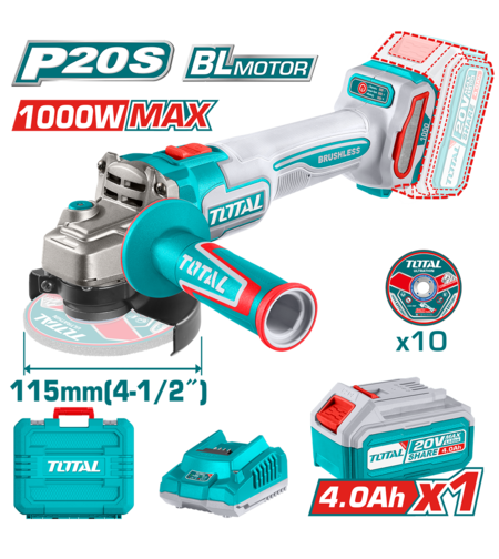 TOTAL - POLIZOR UNGHIULAR -115MM - 20V - 4.0Ah - MOTOR FARA PERII (INCLUDE 1 ACUMULATOR, 1 INCARCATO