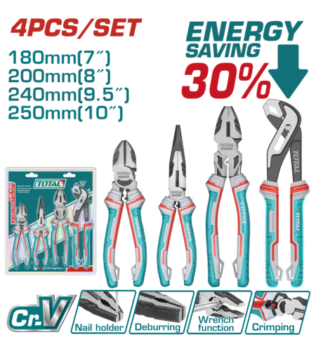 TOTAL - SET 4 CLESTI - CLESTE TAIETOR 7'', CLESTE CU VARF ASCUTIT 8'', PATENT UNIVERSAL 9.5'', CLEST