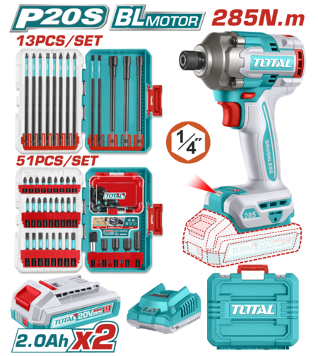 TOTAL - MASINA DE INSURUBAT CU IMPACT CU ACUMULATOR - 20V - 2.0AH - LI-ION (2 ACUMULATORI) - 6.35MM