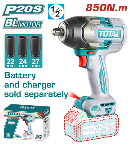 TOTAL - MASINA DE INSURUBAT CU IMPACT - 20V - 850N.m MOTOR FARA PERII (NU INCLUDE ACUMULATOR) - 1/2