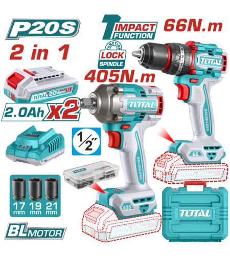 TOTAL - KIT COMBO - 20V - MASINA DE GAURIT CU PERCUTIE, MASINA DE INSURUBAT CU IMPACT (INCLUDE 2 ACU