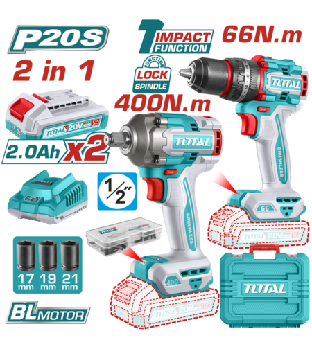 TOTAL - SET SCULE ELECTRICE CU 2 UNELTE CU MOTOR FARA PERII – 20V (INCLUDE 2 ACUMULATOR SI INCARCATO