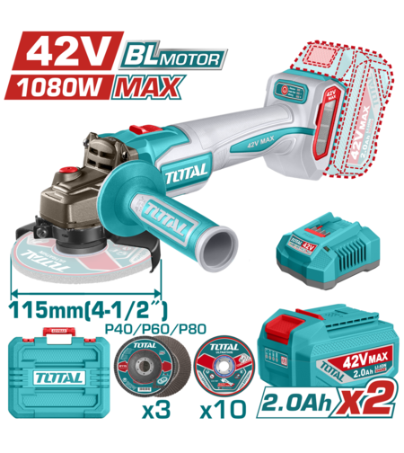 TOTAL - POLIZOR UNGHIULAR -115MM - 42V - 1080W (INCLUDE 2 ACUMULATORI, 1 INCARCATOR)