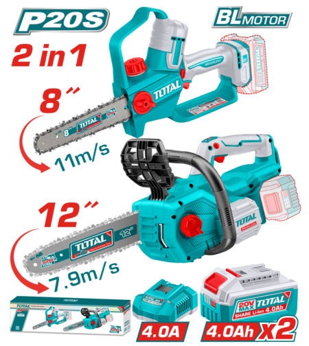 TOTAL - KIT COMBO 20V - FIERASTRAU ELECTRIC PENTRU CRENGI, DRUJBA 12'' (INCLUDE 2 ACUMULATORI , 1 IN