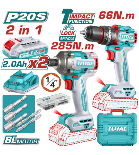 TOTAL - KIT COMBO - 20V - MASINA DE GAURIT CU IMPACT, MASINA DE INSURUBAT CU IMPACT (INCLUDE 2 ACUMU
