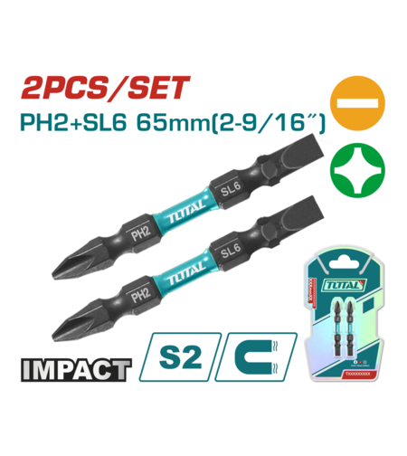 TOTAL - BITI PENTRU SURUBELNITA CU IMPACT PH2+SL6,65MM, 2 BUC/SET