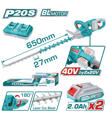 TOTAL - TRIMMER PENTRU TUNS GARD VIU - LI-ION - 40V (INCLUDE ACUMULATOR SI INCARCATOR)