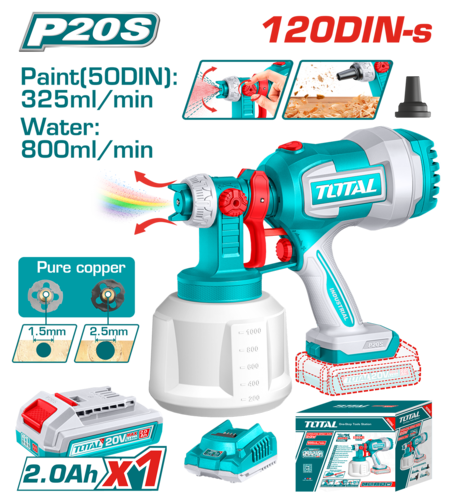 TOTAL - PISTOL DE VOPSIT - 1000ML - LI-ION - 20V (INCLUDE ACUMULATOR SI INCARCATOR)