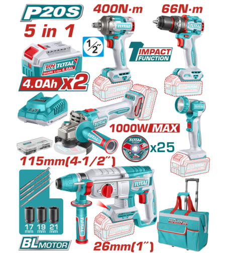 TOTAL - SET 5 UNELTE - 20V - CU 2 ACUMULATORI 4.0Ah SI INCARCATOR (INDUSTRIAL)
