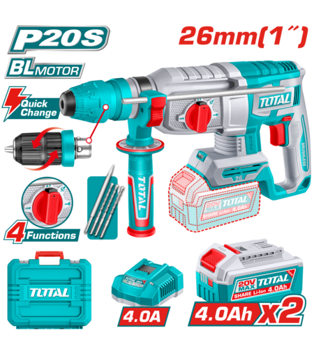 TOTAL - CIOCAN ROTOPERCUTOR - 2.5J - LI-ION - 20V - MOTOR FARA PERII (INCLUDE 2 ACUMULATORI, INCARCA