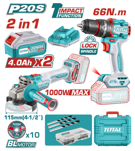 TOTAL - KIT COMBO - 20V - 4.0Ah- MASINA DE GAURIT CU IMPACT, POLIZOR UNGHIULAR (INCLUDE 2 ACUMULATOR