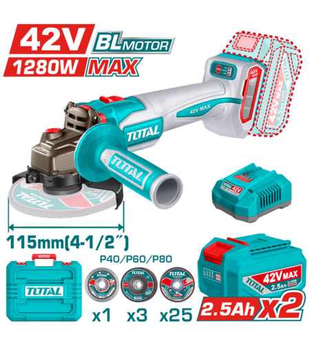 TOTAL - POLIZOR UNGHIULAR - 115MM - 42V - 1280W (INCLUDE 2 ACUMULATORI, 1 INCARCATOR)