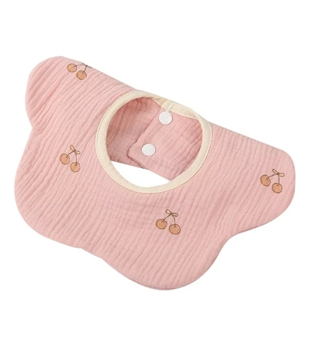 Baveta Tip Floare, Flippy, din Bumbac, pentru Copii 0-12 Luni, Rezistenta la apa, cu Capse, Model cu Cirese, 26 x 29 cm, Roz