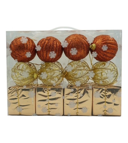 Set de 12 ornamente de brad, Flippy, de tip Glob, Cupru/ Auriu, din polistiren, cu finisaj sclipitor , cutie 6 cm adancime x 23 cm lungime x 18 cm inaltime
