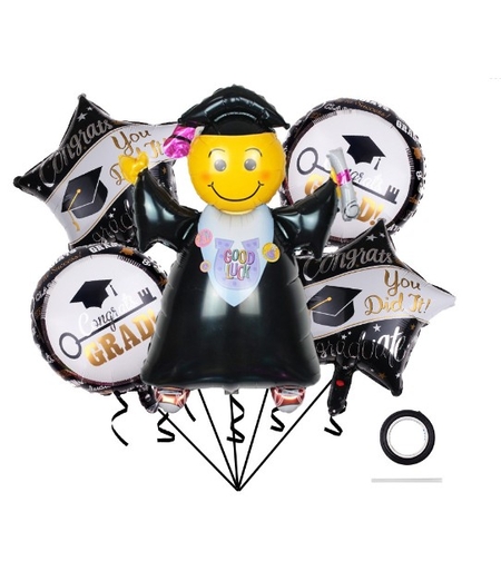Baloane cu tematica Absolvire, Flippy, set din 5 baloane, 1 Figurina Absolventa, 2 stele, 2 rotunde, din folie de aluminiu, 70 x 40 cm, Aer si Heliu, Alb Negru