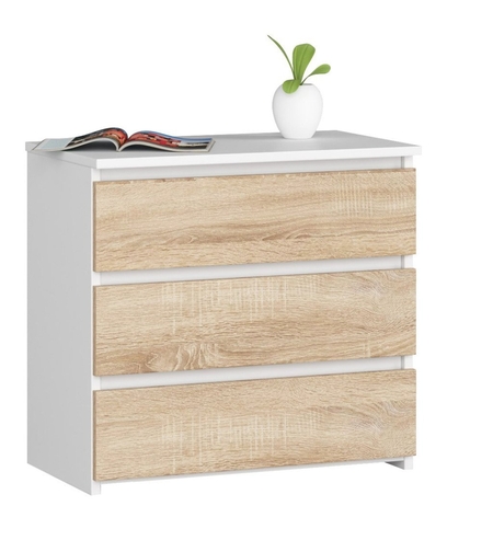 Noptiera cu 3 sertare, PAL laminat 16 mm, 60x35x57 cm, alb si stejar sonoma