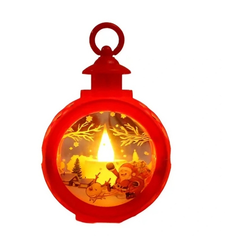 Decoratiune Craciun tip Felinare cu baterii, 13.5 x 9 cm,Lumanare cu geam si inscriptie Mos Craciun cu sanie,lumina alb cald,baterii incluse,Rosu