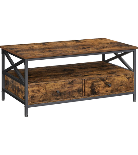 VASAGLE Masuta cafea cu 2 sertare si compartiment deschis, structura metalica, stil industrial, 100x55x45 cm, maro rustic