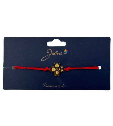 Martisor Bratara Primavara, Textil si Inox, Jolie, Snur Rosu, Model Trifoi cu Patru Foi, Auriu